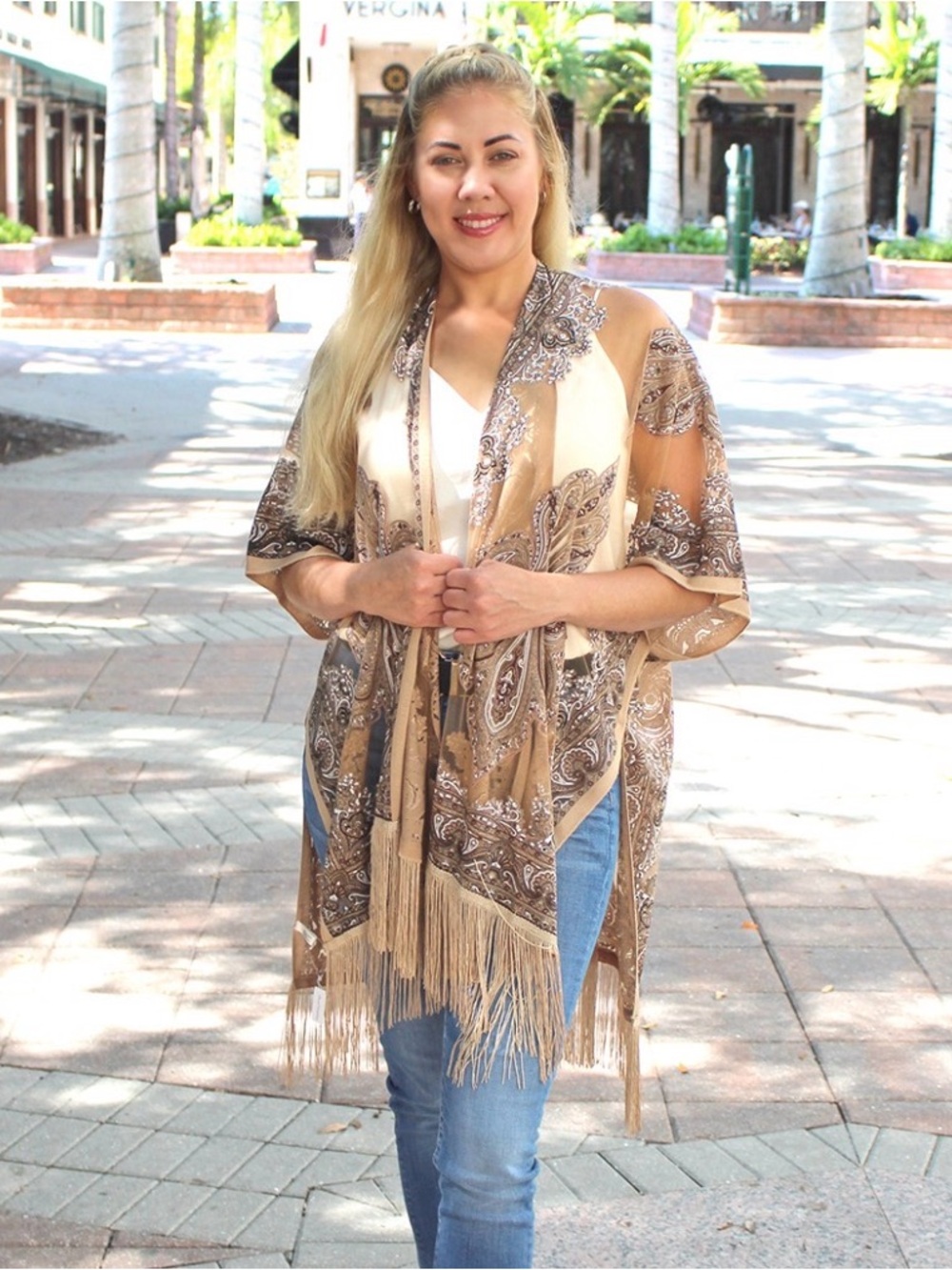 Boho Fringe Paisley Kimono Beige Brown